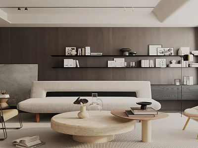 Modern Living Room With Light Grey Sofa Round Beige Coffee Table Dark Wooden Shelves 3d model