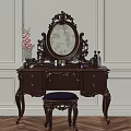 Vintage Dark Wood Dressing Table With Ornate Mirror Purple Stool And Cosmetics