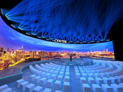 CENTEX Venue With Large Curved Screen Cityscape Blue Laser Beams White Seats Circular Arrangement 3d model