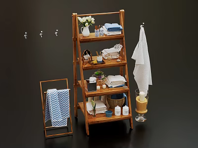 Wooden Multi tiered Bathroom Cabinet Rack With Towels Toiletries And Vase 3d model