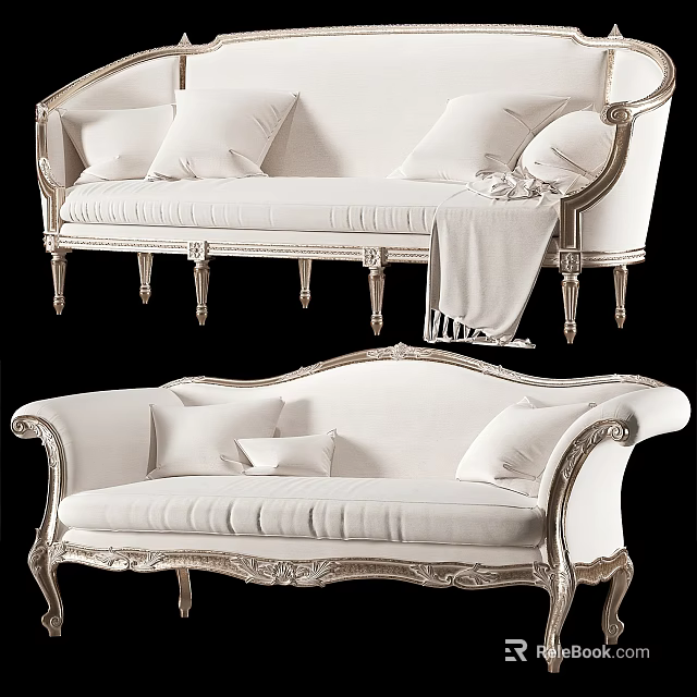 Elegant White Classic Sofa With Ornate Carvings Gold Legs Pillows And Throw Blanket 3d model 