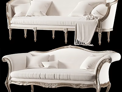 Elegant White Classic Sofa With Ornate Carvings Gold Legs Pillows And Throw Blanket 3d model