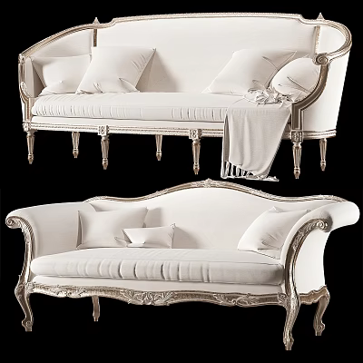 Elegant White Classic Sofa With Ornate Carvings Gold Legs Pillows And Throw Blanket 3d model