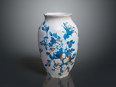 White Ceramic Vase Decorated With Blue And Orange Floral Patterns For Home Decor 3d model