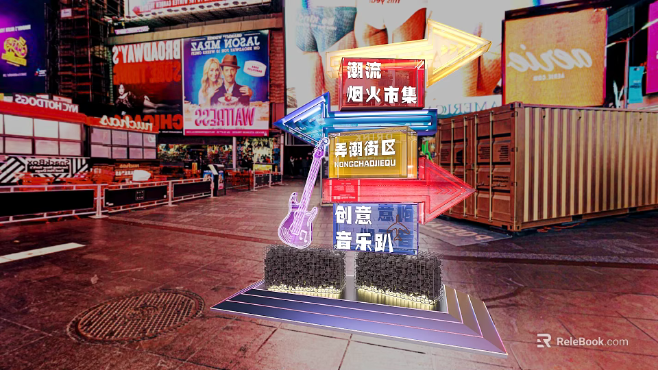 Vibrant Urban Art Installation With Arrow Structure Guitar Decoration And Market Street Elements 3d model 