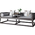Chinese Style Luohan Bed With Wooden Frame Gray Cushions Throw Pillows And Tea Table