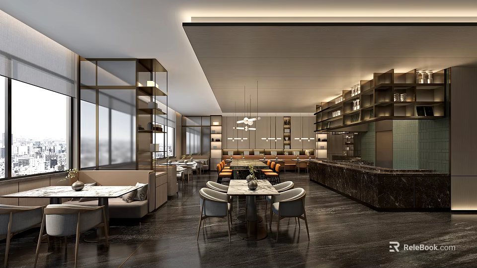 Modern Restaurant Interior Design With Open Space Large Windows And Bar Counter 3d model 
