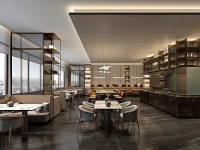 Modern Restaurant Interior Design With Open Space Large Windows And Bar Counter 3d model