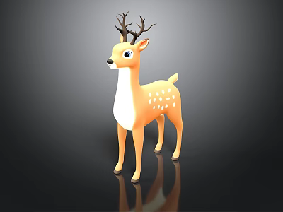 3D Deer Model with Brown Antlers White Spots and Orange Body Standing on Dark Background 3d model