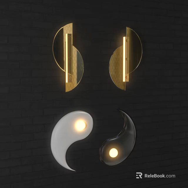 Modern Wall Lamps with Golden Accents and Yin Yang Shape on Black Brick Wall 3d model 