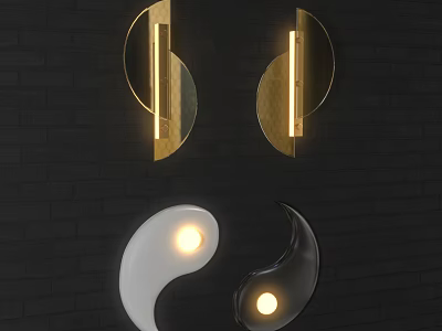 Modern Wall Lamps with Golden Accents and Yin Yang Shape on Black Brick Wall 3d model