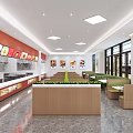 Modern Restaurant Interior With Green Booth Seats White Dining Tables And Open Kitchen 3d model