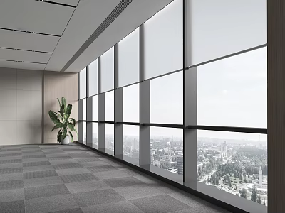 Modern Roller Blinds For Spacious Interior With Large Windows City View And Green Plant 3d model