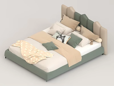 Cute Kids Bed With Soft Green Headboard And Cartoon Pillow Cozy Blanket 3d model