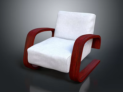 Modern Chair Featuring White Fabric Cushion And Red Wooden Armrests 3d model