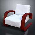 Modern Chair Featuring White Fabric Cushion And Red Wooden Armrests