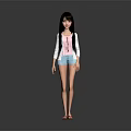 Human Female Character In Casual Outfit With Pink Top White Cardigan Blue Shorts And Sandals