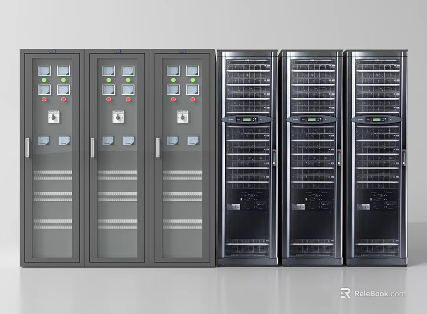 Row Of Industrial Electrical Control Cabinets And Server Racks With Control Panels And Storage Shelves 3d model 