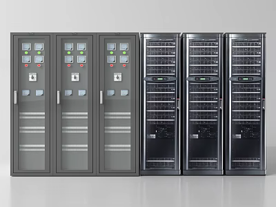 Row Of Industrial Electrical Control Cabinets And Server Racks With Control Panels And Storage Shelves 3d model