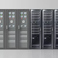 Row Of Industrial Electrical Control Cabinets And Server Racks With Control Panels And Storage Shelves