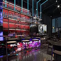 Modern Bar Interior With Red Black Shelves Neon Lights Bar Counter And Stools