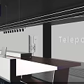 Modern Reception Desk Design With Blue Columns Striped Floor And Linear Ceiling Lighting
