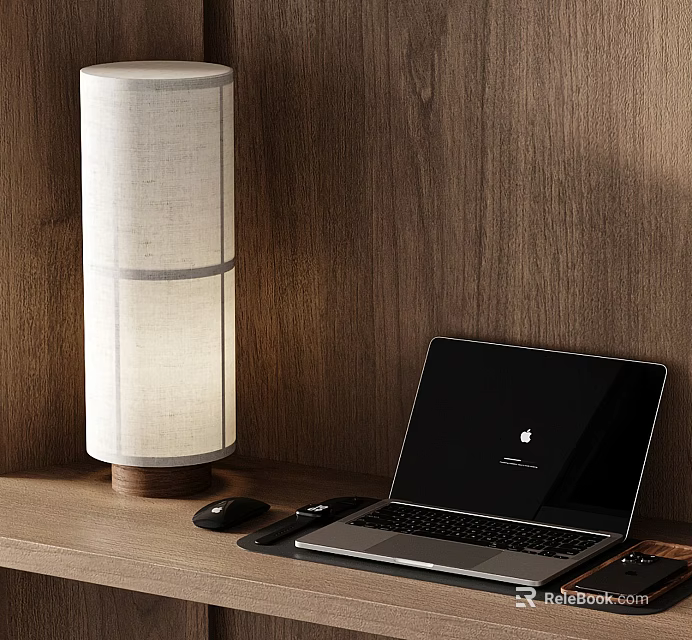 Modern Laptop on Wooden Desktop with Table Lamp and Mouse Accessories 3d model 