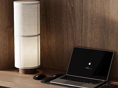 Modern Laptop on Wooden Desktop with Table Lamp and Mouse Accessories 3d model