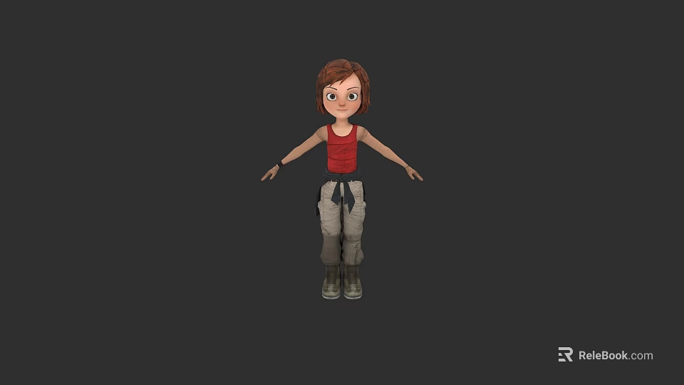 Cartoon Style Female Game Movie Character With Brown Hair Red Tank Top Khaki Pants Boots 3d model 