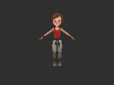 Cartoon Style Female Game Movie Character With Brown Hair Red Tank Top Khaki Pants Boots 3d model
