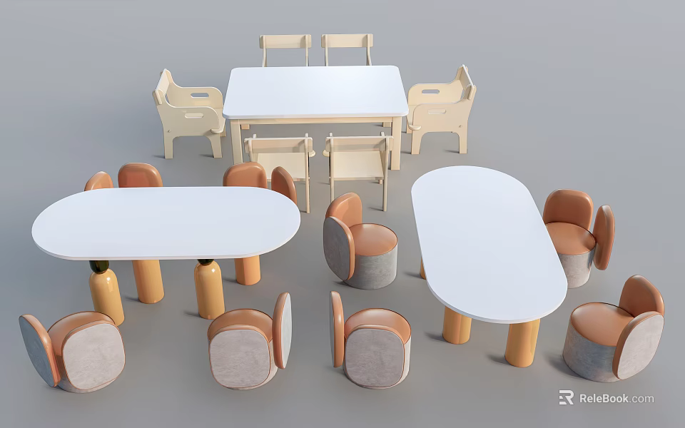 Modern Children's Table With Ergonomic Chairs And Round White Wooden Tops 3d model 