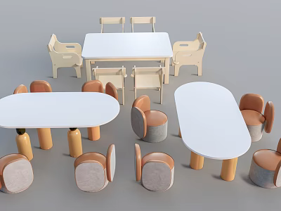 Modern Children's Table With Ergonomic Chairs And Round White Wooden Tops 3d model