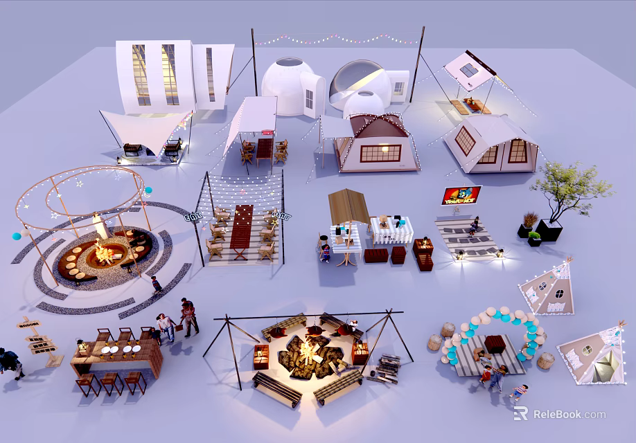 Camping Garden Landscape With Various Tents Fire Pit Areas Leisure Furniture And Decorative String Lights 3d model 