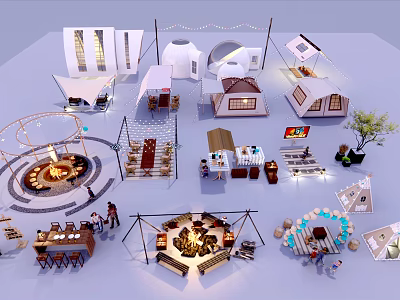 Camping Garden Landscape With Various Tents Fire Pit Areas Leisure Furniture And Decorative String Lights 3d model