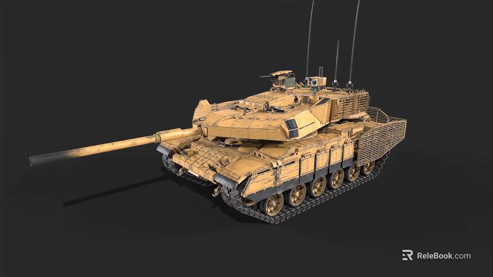 Military Desert Camouflage Tank With Main Gun Tracks And Antenna Turret 3d model 