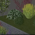Colorful Shrubs in Modern Garden Landscape with Green Red Purple Yellow Foliage and Gray Wall