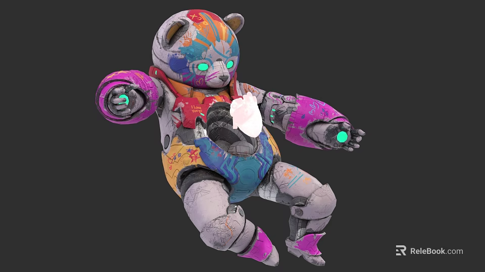 Colorful Mechanical Bear Toy Figure With Glowing Green Eyes And Vibrant Paint 3d model 