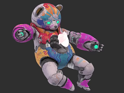 Colorful Mechanical Bear Toy Figure With Glowing Green Eyes And Vibrant Paint 3d model
