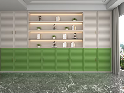 Modern Green And White Display Shelves With Layered Storage Cabinets In Home Interior 3d model