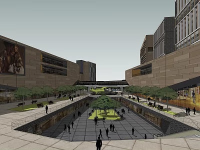 Bustling Commercial Street With Modern Buildings Pedestrians Greenery And Plaza Area 3d model