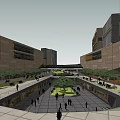 Bustling Commercial Street With Modern Buildings Pedestrians Greenery And Plaza Area