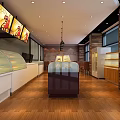 Bright Modern Dessert Shop Interior With Wooden Tables Chairs And Display Cases