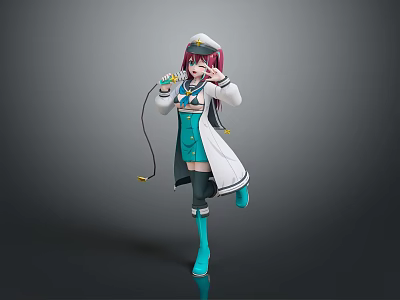 Vibrant Anime Character With Purple Pink Hair In Teal Uniform And White Coat Holding Baton And Small Creature 3d model