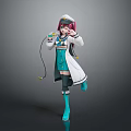 Vibrant Anime Character With Purple Pink Hair In Teal Uniform And White Coat Holding Baton And Small Creature