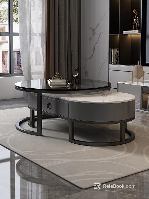 Modern Round Coffee Table With Black Frame White Marble Top And Drawer 3d model