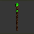 Detailed Carved Brown Wooden Staff With Two Green Gemstones On Top And Middle