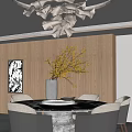 Elegant Modern Restaurant Interior With Round Table Vase Branches Wooden Wall And Natural Sunlight