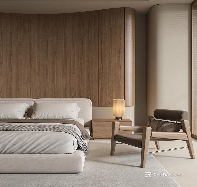 Double Bed With Beige Bedding Wooden Wall Nightstand Table Lamp And Armchair 3d model 