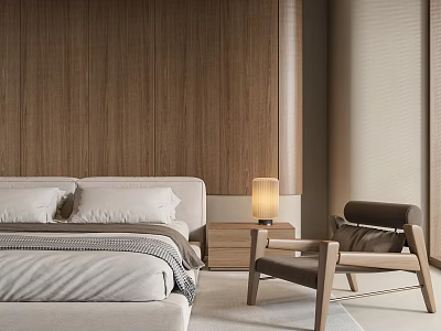Double Bed With Beige Bedding Wooden Wall Nightstand Table Lamp And Armchair 3d model