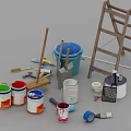 Industrial Equipment Collection With Ladder Paint Buckets Brushes Rollers Hammers And Tape Measures